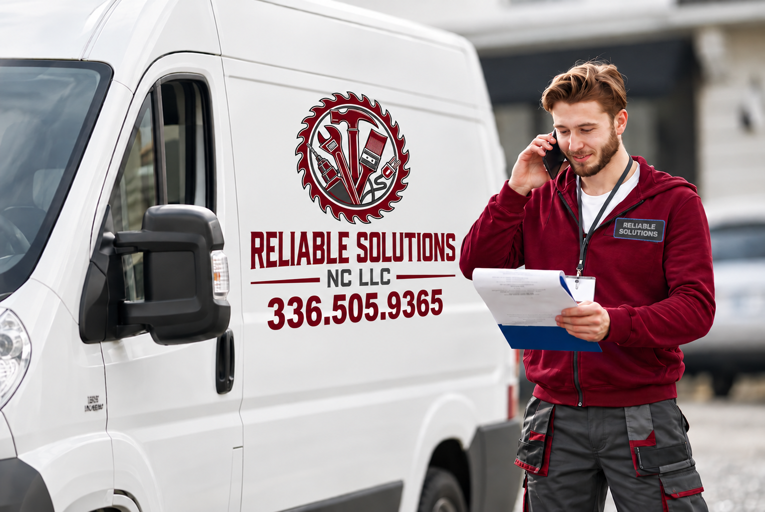 Local service professional coordinating work beside a service van